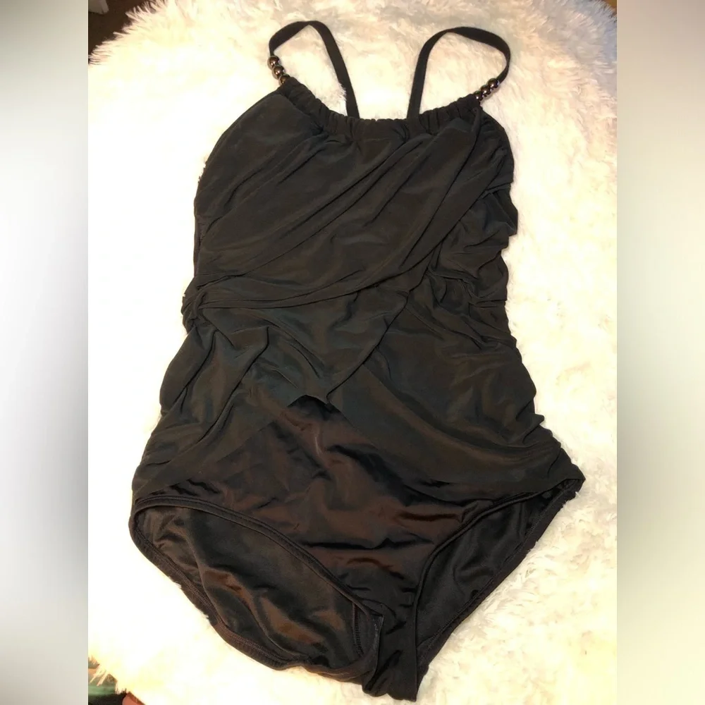 Slimming Draped One-Piece  Black Swimsuit with Straps size 14 8 and 4